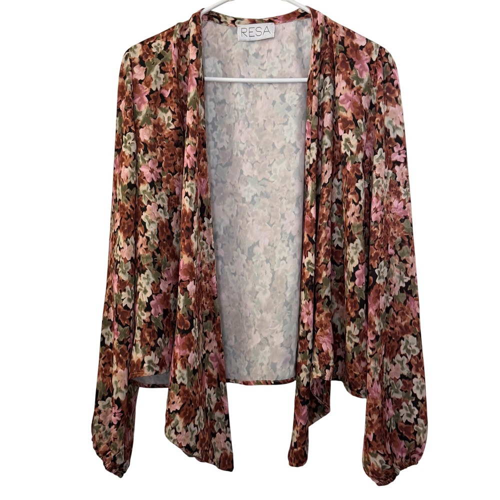 RESA Floral Tie Front Blouse Brown Pink Long Sleeve V-Neck Cardigan Top
